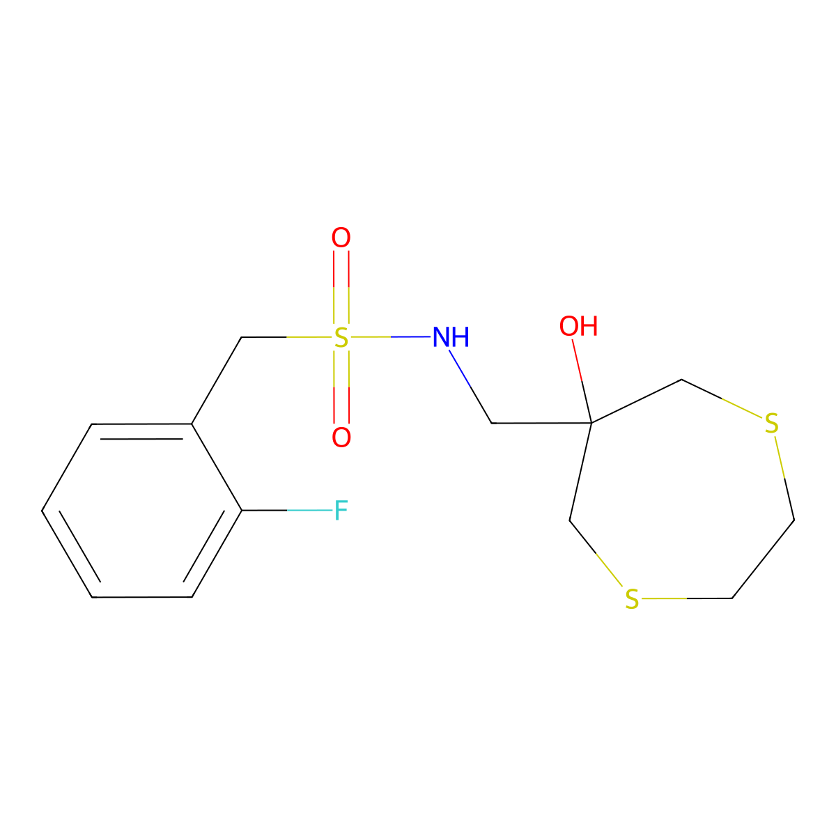 1-(2-Fluorophenyl)-N-[(6-hydroxy-1,4-dithiepan-6-yl)methyl]methanesulfonamide molecular structure, CAS 2415463-36-2