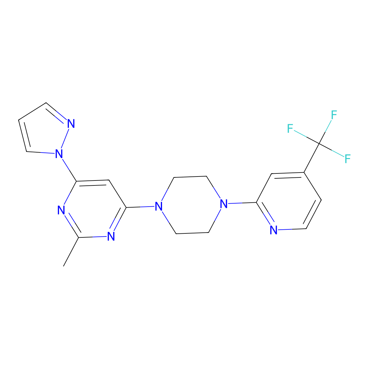 2-methyl-4-(1H-pyrazol-1-yl)-6-{4-[4-(trifluoromethyl)pyridin-2-yl]piperazin-1-yl}pyrimidine molecular structure, CAS 2415463-43-1