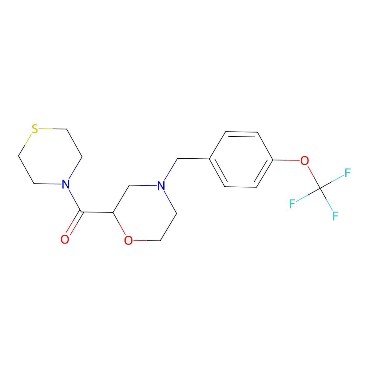 2-(Thiomorpholine-4-carbonyl)-4-{[4-(trifluoromethoxy)phenyl]methyl}morpholine molecular structure, CAS 2415463-49-7