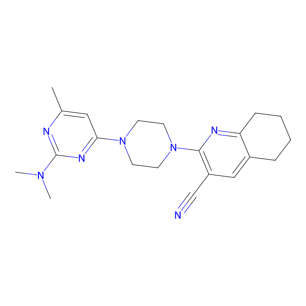 2-{4-[2-(Dimethylamino)-6-methylpyrimidin-4-yl]piperazin-1-yl}-5,6,7,8-tetrahydroquinoline-3-carbonitrile molecular structure, CAS 2415463-50-0
