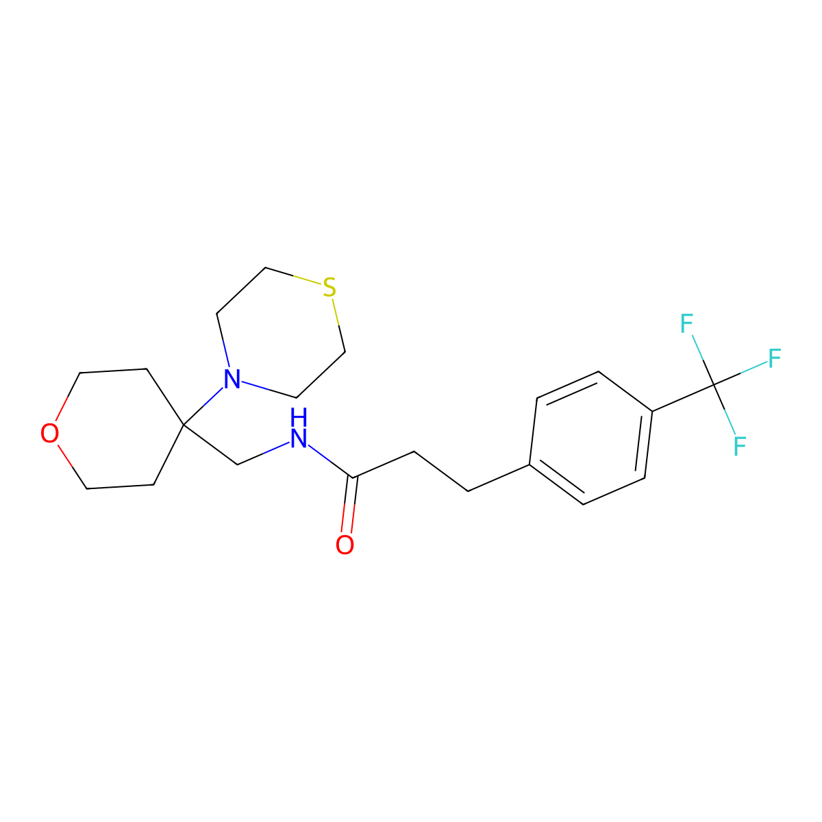 N-{[4-(thiomorpholin-4-yl)oxan-4-yl]methyl}-3-[4-(trifluoromethyl)phenyl]propanamide molecular structure, CAS 2415463-51-1