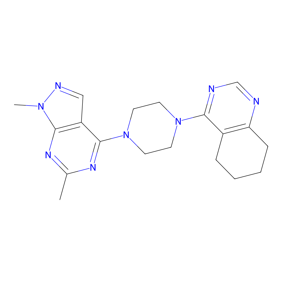 4-(4-{1,6-dimethyl-1H-pyrazolo[3,4-d]pyrimidin-4-yl}piperazin-1-yl)-5,6,7,8-tetrahydroquinazoline molecular structure, CAS 2415463-52-2