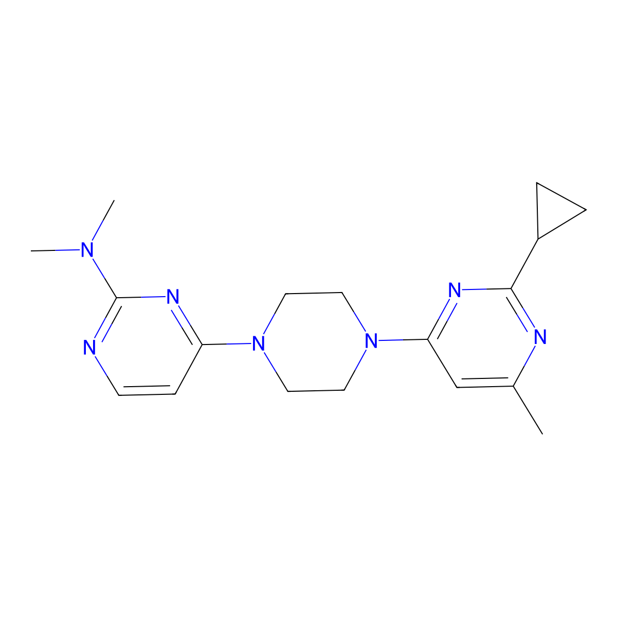 4-[4-(2-Cyclopropyl-6-methylpyrimidin-4-yl)piperazin-1-yl]-N,N-dimethylpyrimidin-2-amine molecular structure, CAS 2415463-57-7
