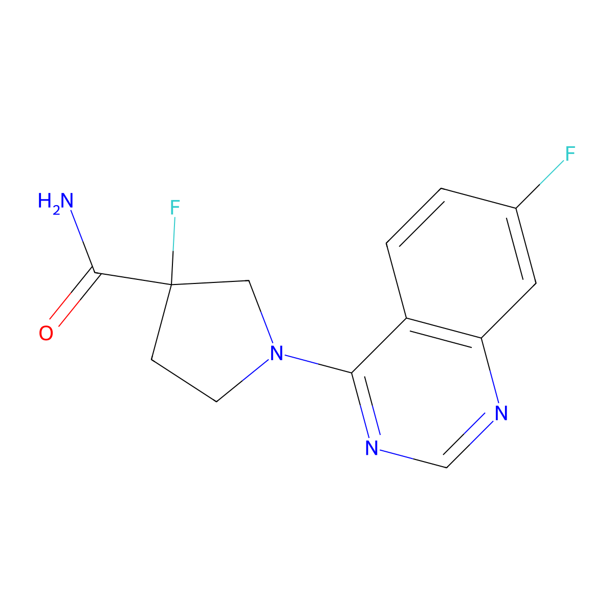 3-Fluoro-1-(7-fluoroquinazolin-4-yl)pyrrolidine-3-carboxamide molecular structure, CAS 2415463-61-3