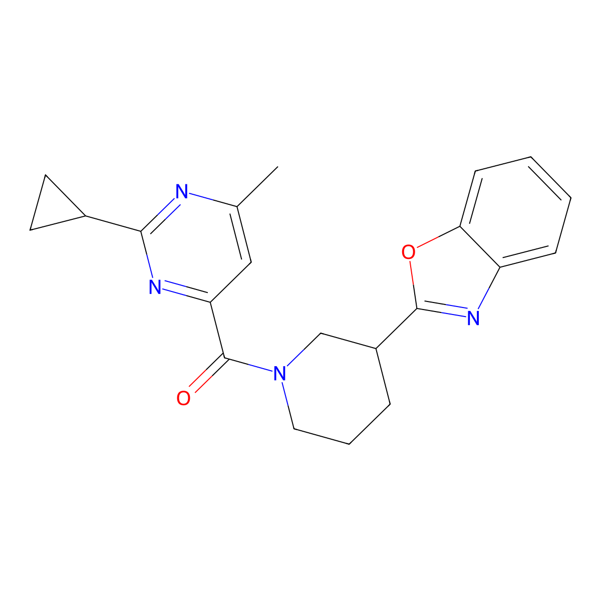 2-[1-(2-Cyclopropyl-6-methylpyrimidine-4-carbonyl)piperidin-3-yl]-1,3-benzoxazole molecular structure, CAS 2415463-63-5