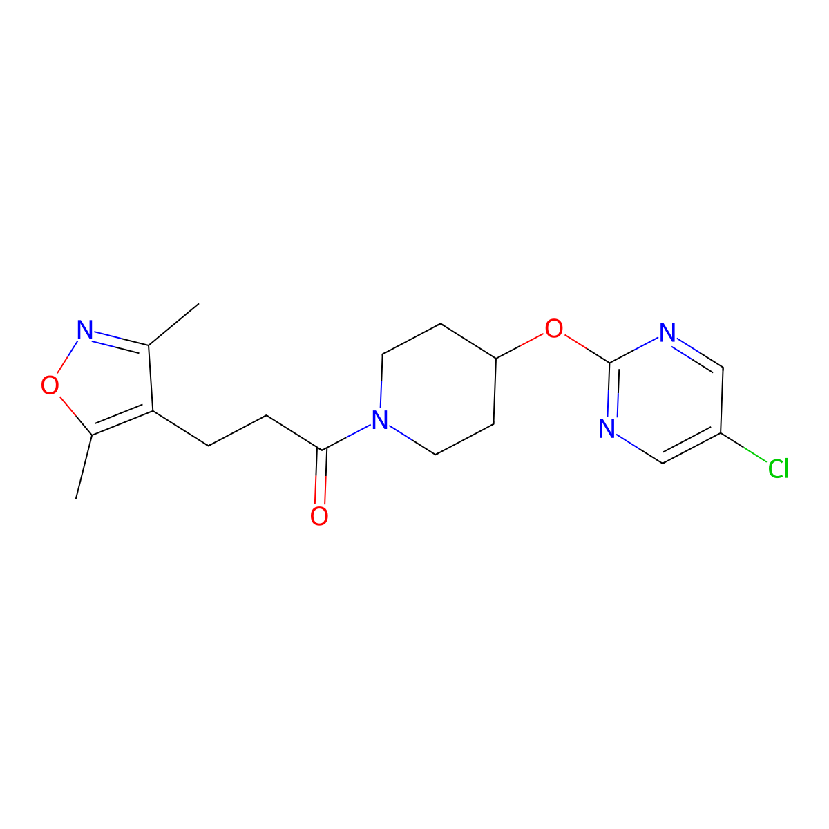 1-{4-[(5-Chloropyrimidin-2-yl)oxy]piperidin-1-yl}-3-(3,5-dimethyl-1,2-oxazol-4-yl)propan-1-one molecular structure, CAS 2415463-67-9