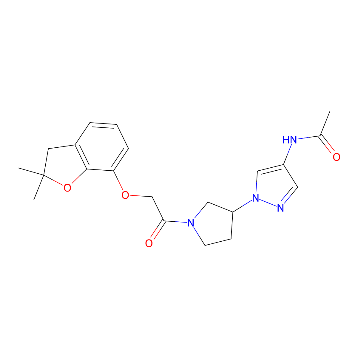 N-[1-(1-{2-[(2,2-dimethyl-2,3-dihydro-1-benzofuran-7-yl)oxy]acetyl}pyrrolidin-3-yl)-1H-pyrazol-4-yl]acetamide molecular structure, CAS 2415463-75-9