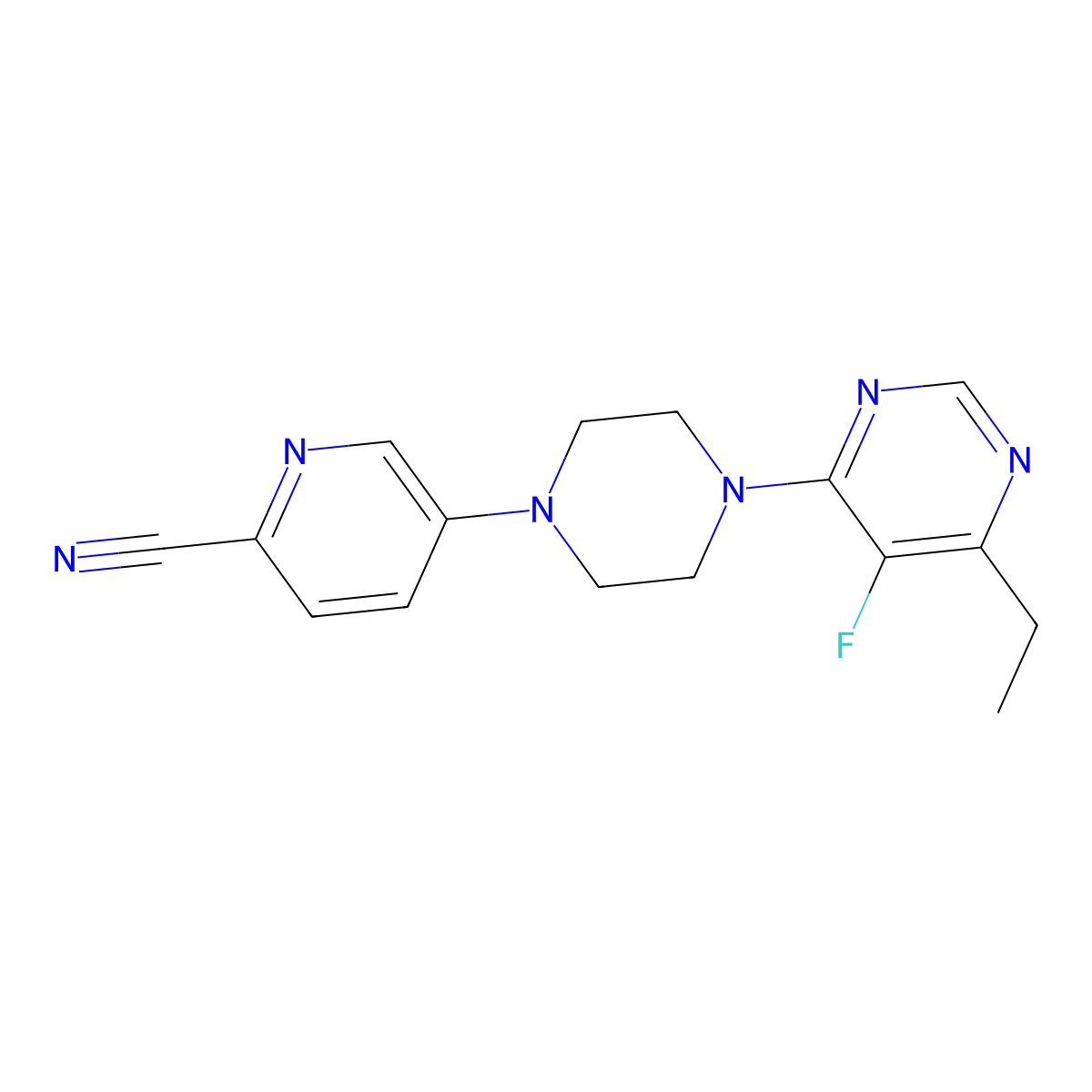 5-[4-(6-Ethyl-5-fluoropyrimidin-4-yl)piperazin-1-yl]pyridine-2-carbonitrile molecular structure, CAS 2415463-76-0