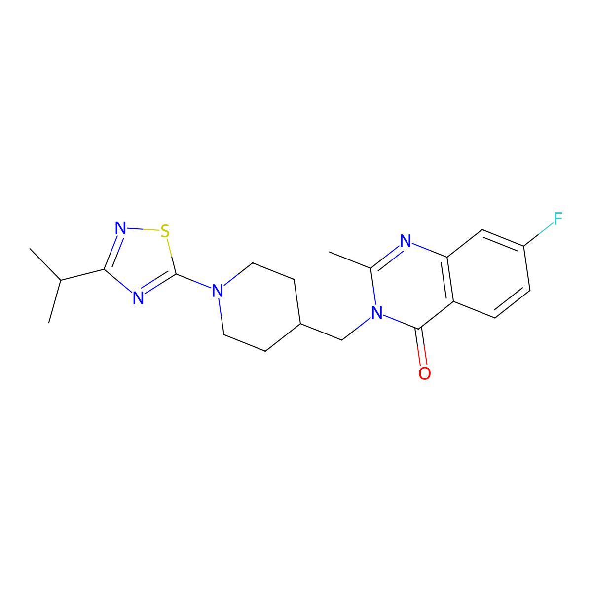7-Fluoro-2-methyl-3-({1-[3-(propan-2-yl)-1,2,4-thiadiazol-5-yl]piperidin-4-yl}methyl)-3,4-dihydroquinazolin-4-one molecular structure, CAS 2415463-77-1