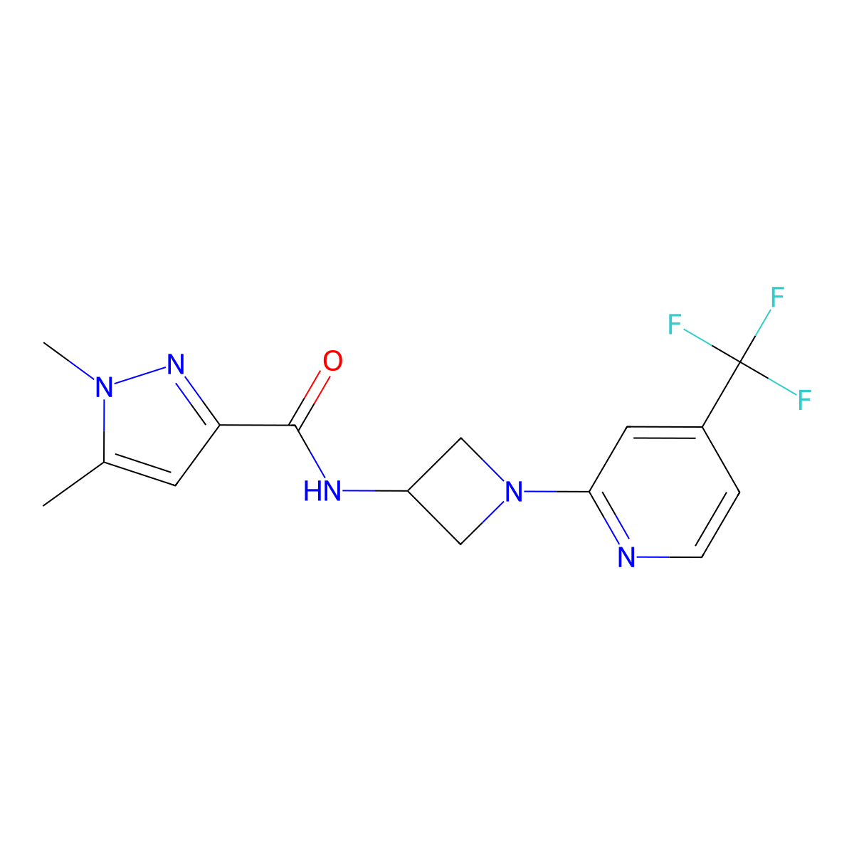 1,5-dimethyl-N-{1-[4-(trifluoromethyl)pyridin-2-yl]azetidin-3-yl}-1H-pyrazole-3-carboxamide molecular structure, CAS 2415463-93-1