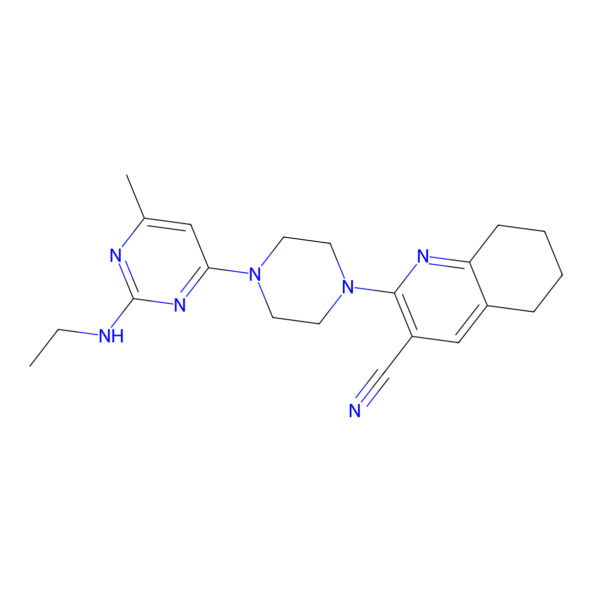 2-{4-[2-(Ethylamino)-6-methylpyrimidin-4-yl]piperazin-1-yl}-5,6,7,8-tetrahydroquinoline-3-carbonitrile molecular structure, CAS 2415463-96-4