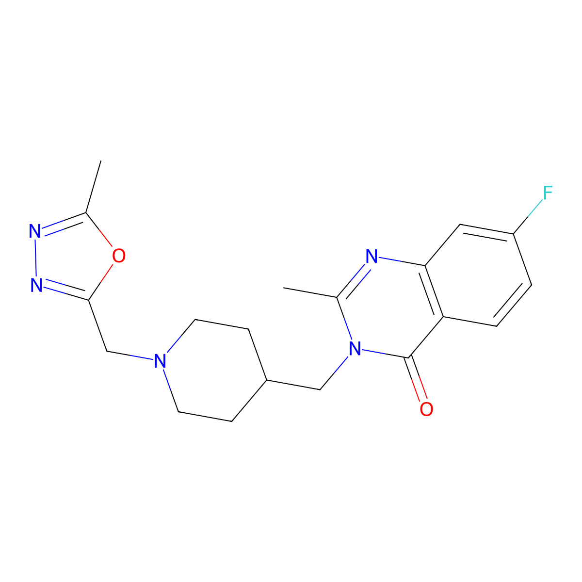 7-Fluoro-2-methyl-3-({1-[(5-methyl-1,3,4-oxadiazol-2-yl)methyl]piperidin-4-yl}methyl)-3,4-dihydroquinazolin-4-one molecular structure, CAS 2415464-13-8