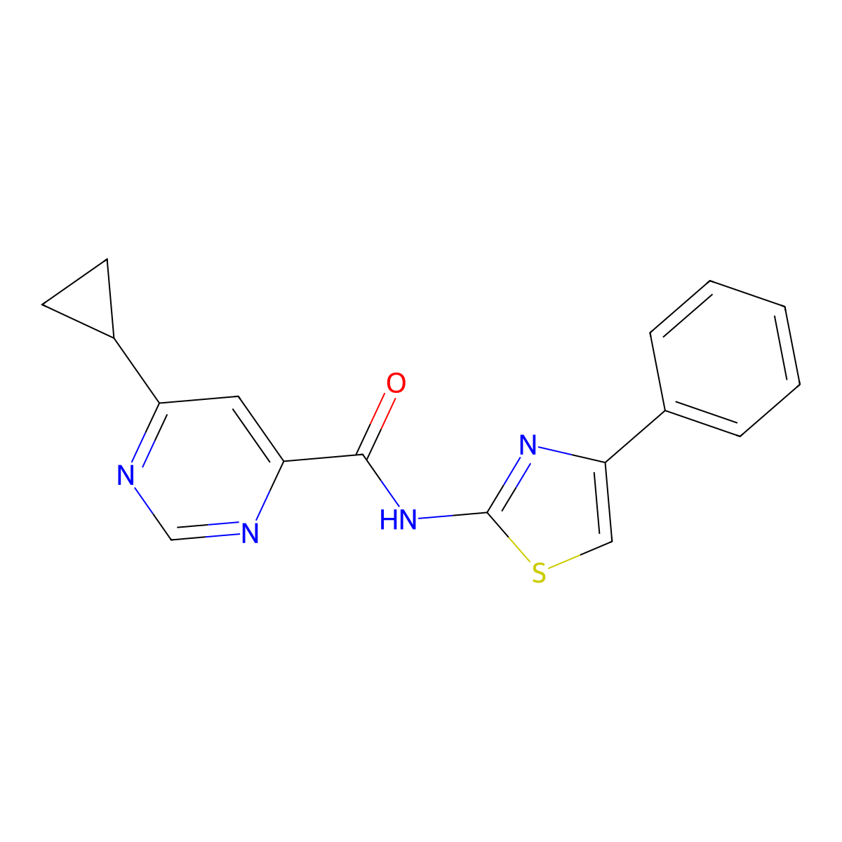 6-Cyclopropyl-N-(4-phenyl-1,3-thiazol-2-yl)pyrimidine-4-carboxamide molecular structure, CAS 2415464-14-9