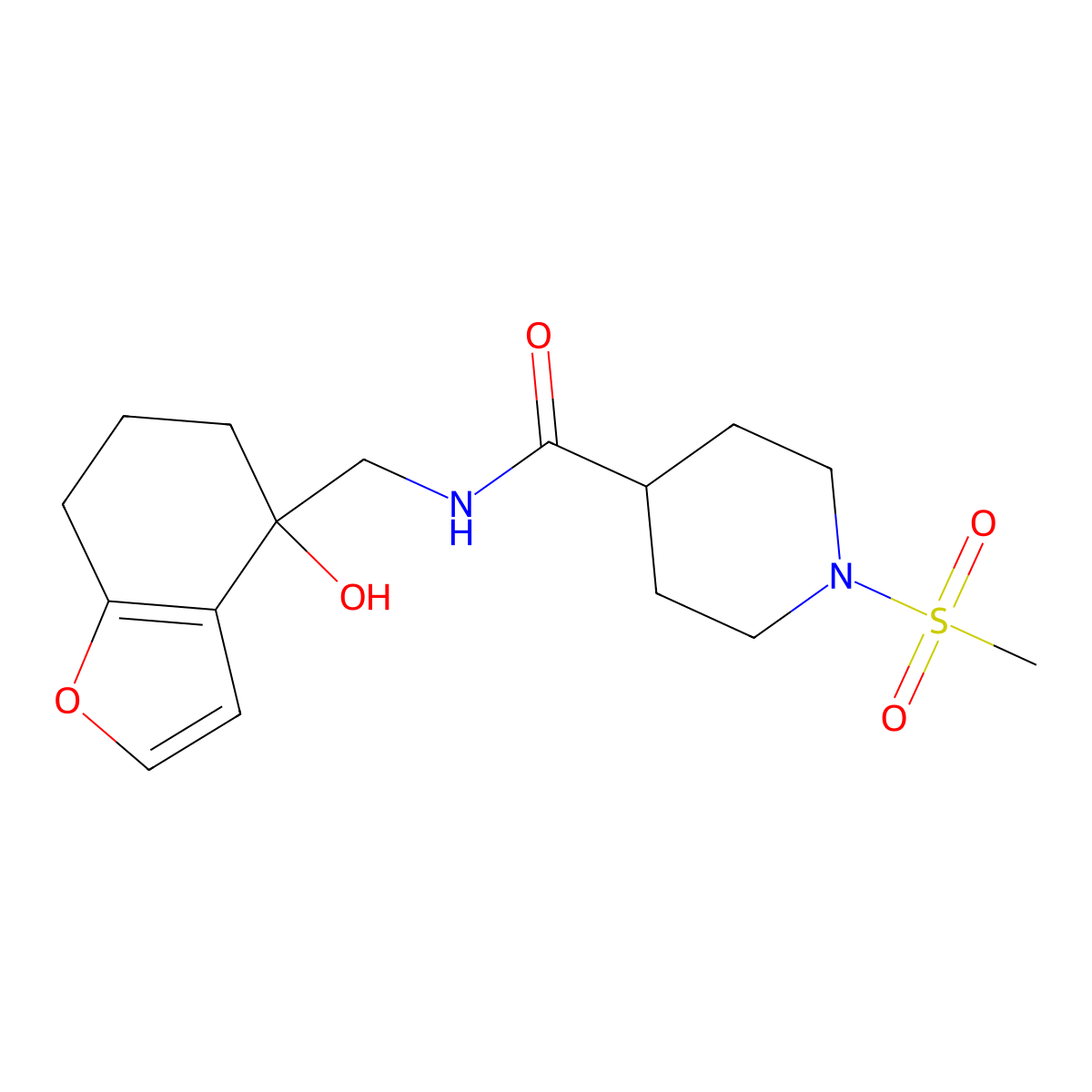 N-[(4-hydroxy-4,5,6,7-tetrahydro-1-benzofuran-4-yl)methyl]-1-methanesulfonylpiperidine-4-carboxamide molecular structure, CAS 2415464-33-2