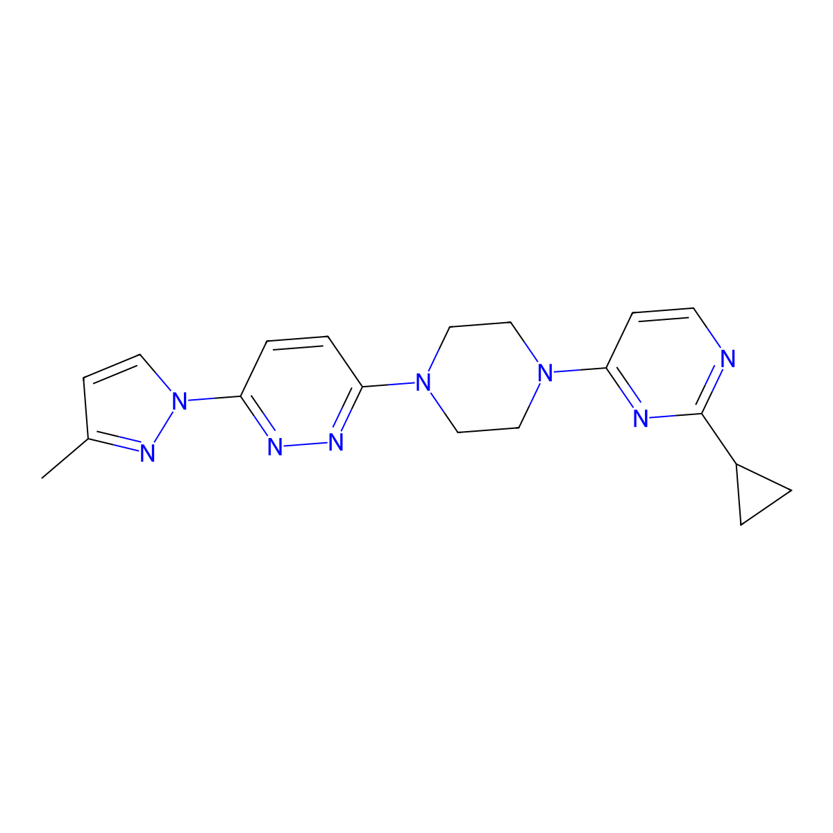 2-cyclopropyl-4-{4-[6-(3-methyl-1H-pyrazol-1-yl)pyridazin-3-yl]piperazin-1-yl}pyrimidine molecular structure, CAS 2415464-42-3