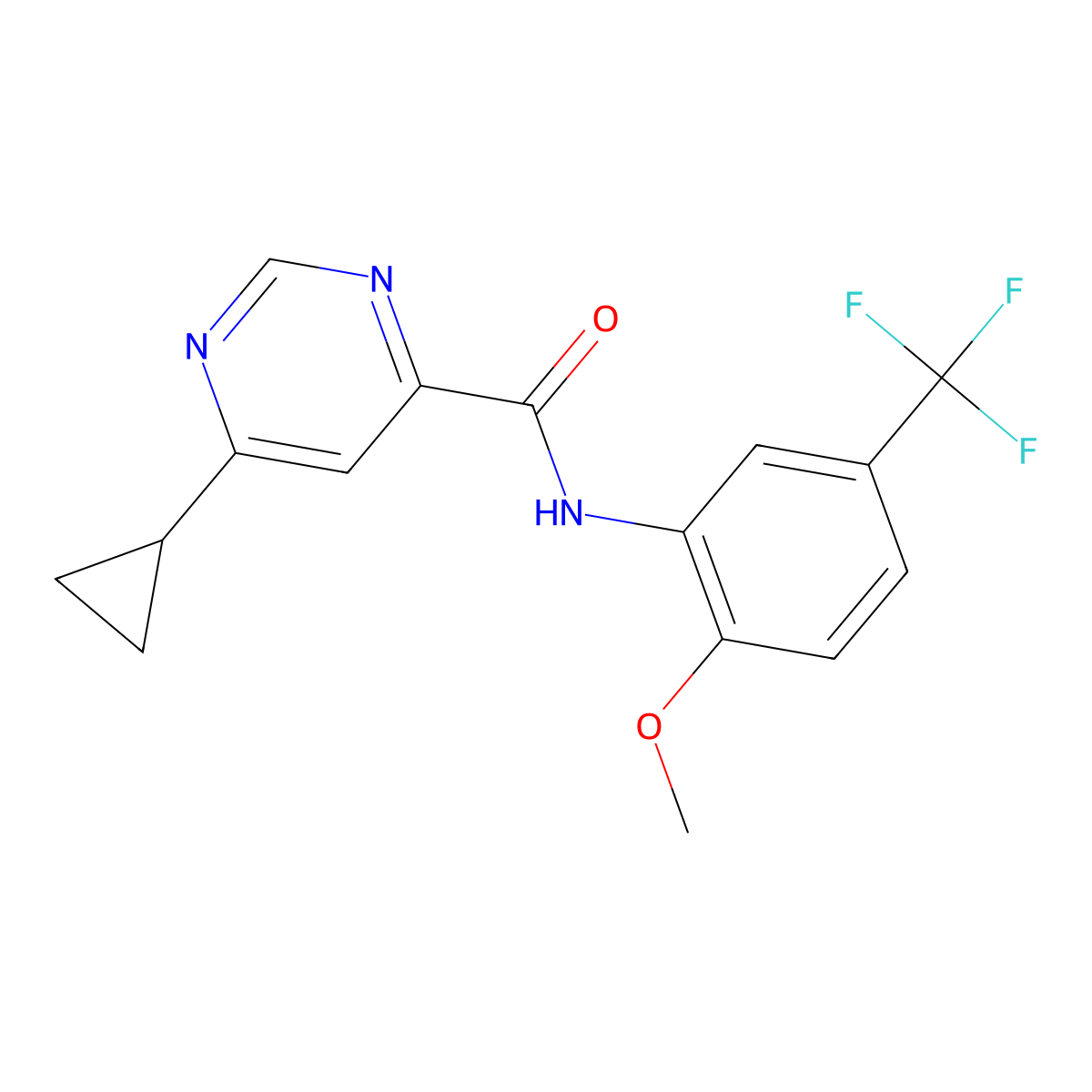 6-Cyclopropyl-N-[2-methoxy-5-(trifluoromethyl)phenyl]pyrimidine-4-carboxamide molecular structure, CAS 2415464-51-4