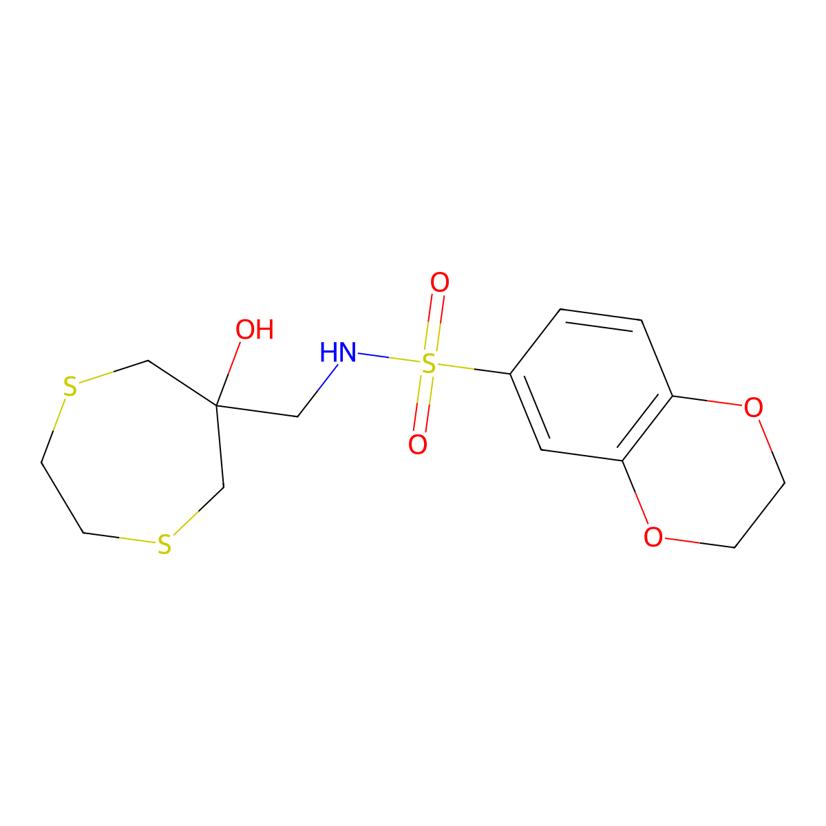 N-[(6-Hydroxy-1,4-dithiepan-6-yl)methyl]-2,3-dihydro-1,4-benzodioxine-6-sulfonamide molecular structure, CAS 2415464-58-1
