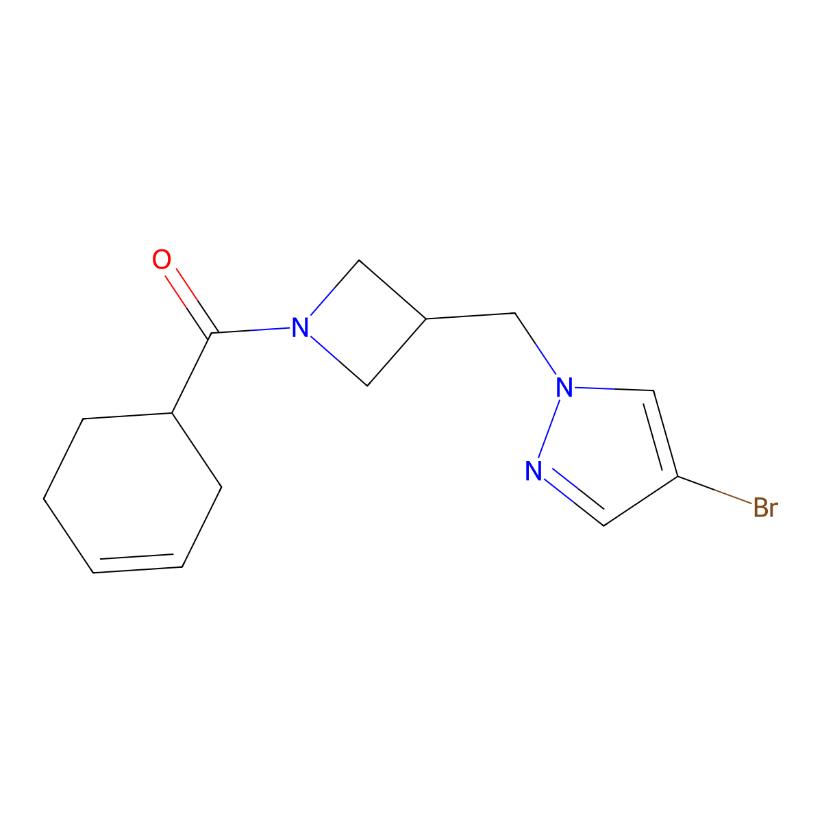 4-bromo-1-{[1-(cyclohex-3-ene-1-carbonyl)azetidin-3-yl]methyl}-1H-pyrazole molecular structure, CAS 2415464-70-7