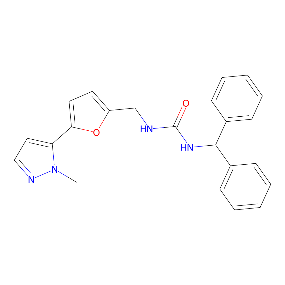 1-(diphenylmethyl)-3-{[5-(1-methyl-1H-pyrazol-5-yl)furan-2-yl]methyl}urea molecular structure, CAS 2415464-72-9
