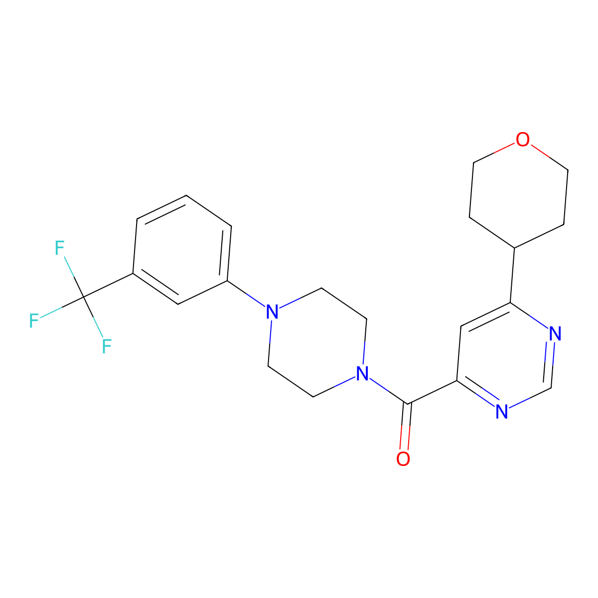 4-(Oxan-4-yl)-6-{4-[3-(trifluoromethyl)phenyl]piperazine-1-carbonyl}pyrimidine molecular structure, CAS 2415464-77-4