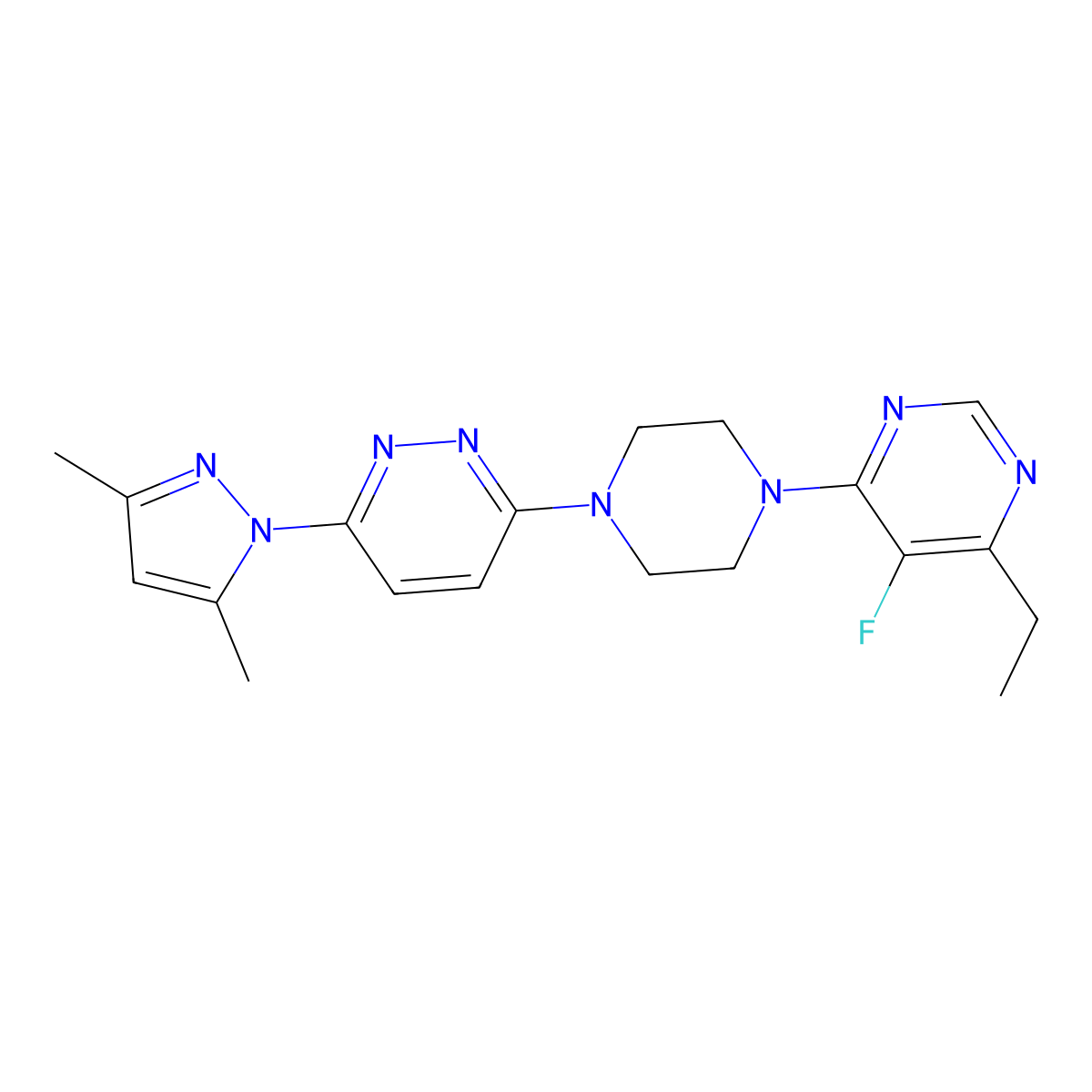 4-{4-[6-(3,5-dimethyl-1H-pyrazol-1-yl)pyridazin-3-yl]piperazin-1-yl}-6-ethyl-5-fluoropyrimidine molecular structure, CAS 2415464-82-1
