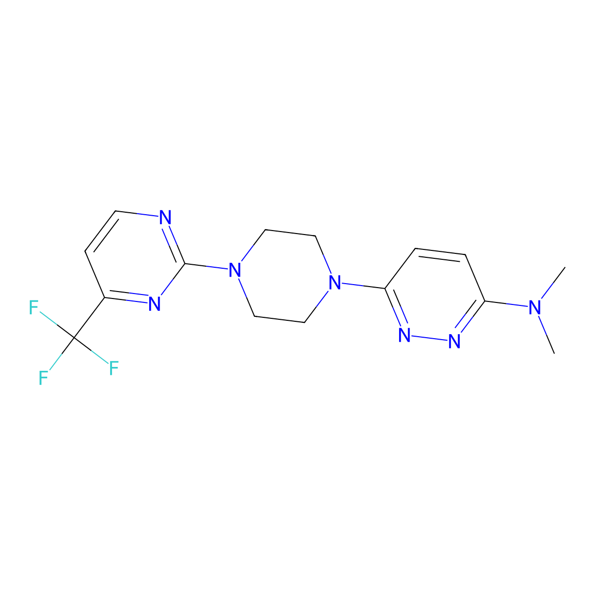 N,N-dimethyl-6-{4-[4-(trifluoromethyl)pyrimidin-2-yl]piperazin-1-yl}pyridazin-3-amine molecular structure, CAS 2415464-86-5