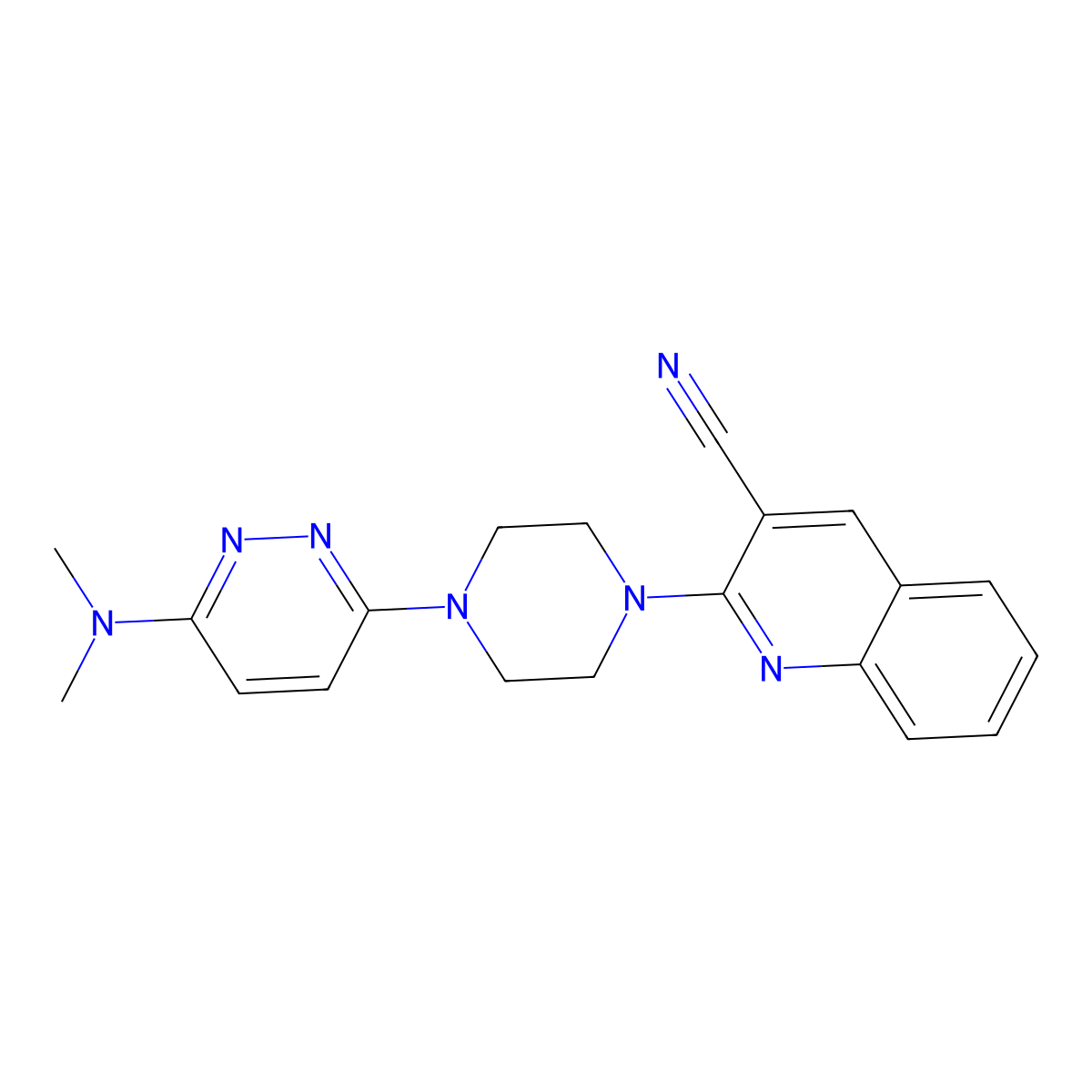2-{4-[6-(Dimethylamino)pyridazin-3-yl]piperazin-1-yl}quinoline-3-carbonitrile molecular structure, CAS 2415464-89-8