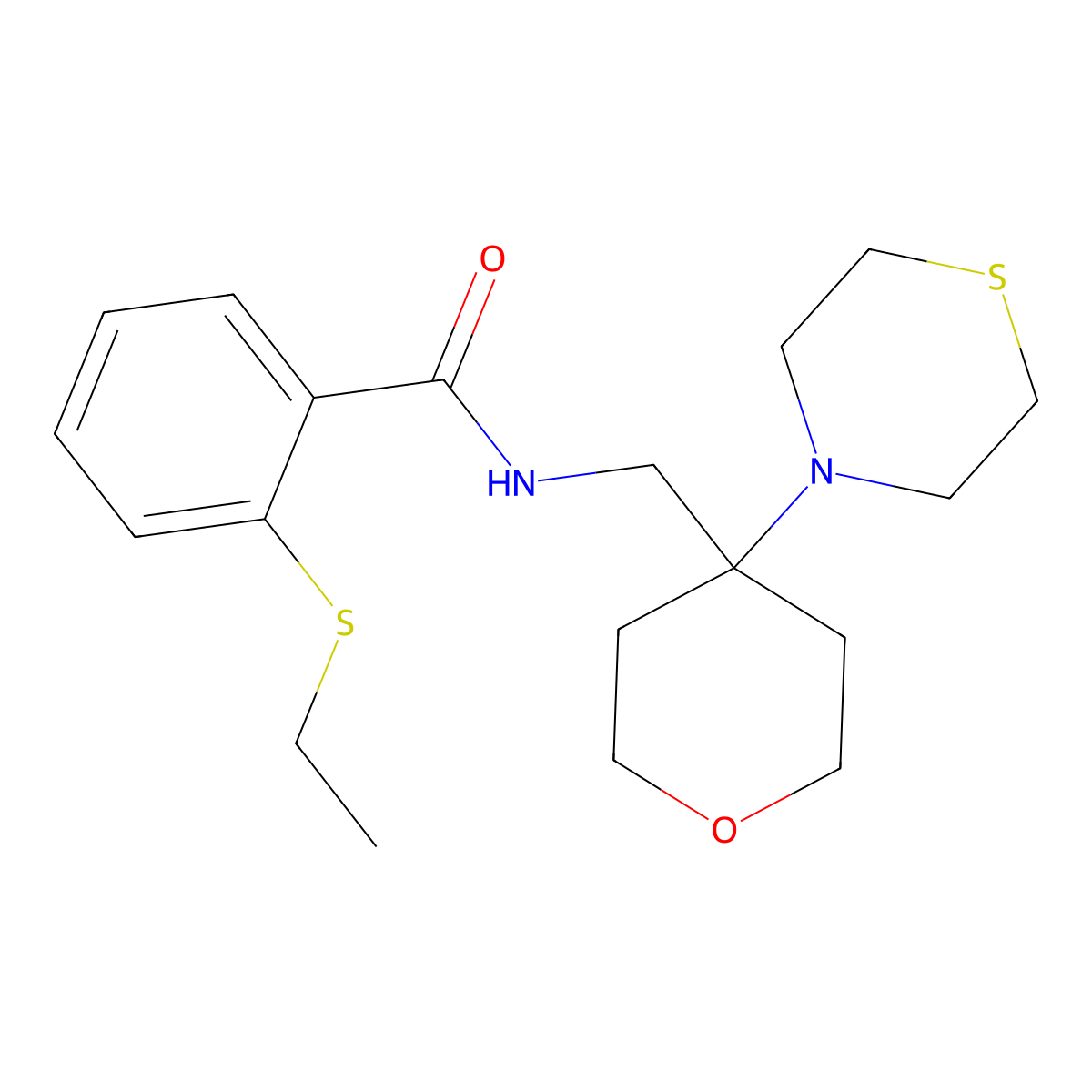 2-(ethylsulfanyl)-N-{[4-(thiomorpholin-4-yl)oxan-4-yl]methyl}benzamide molecular structure, CAS 2415464-91-2