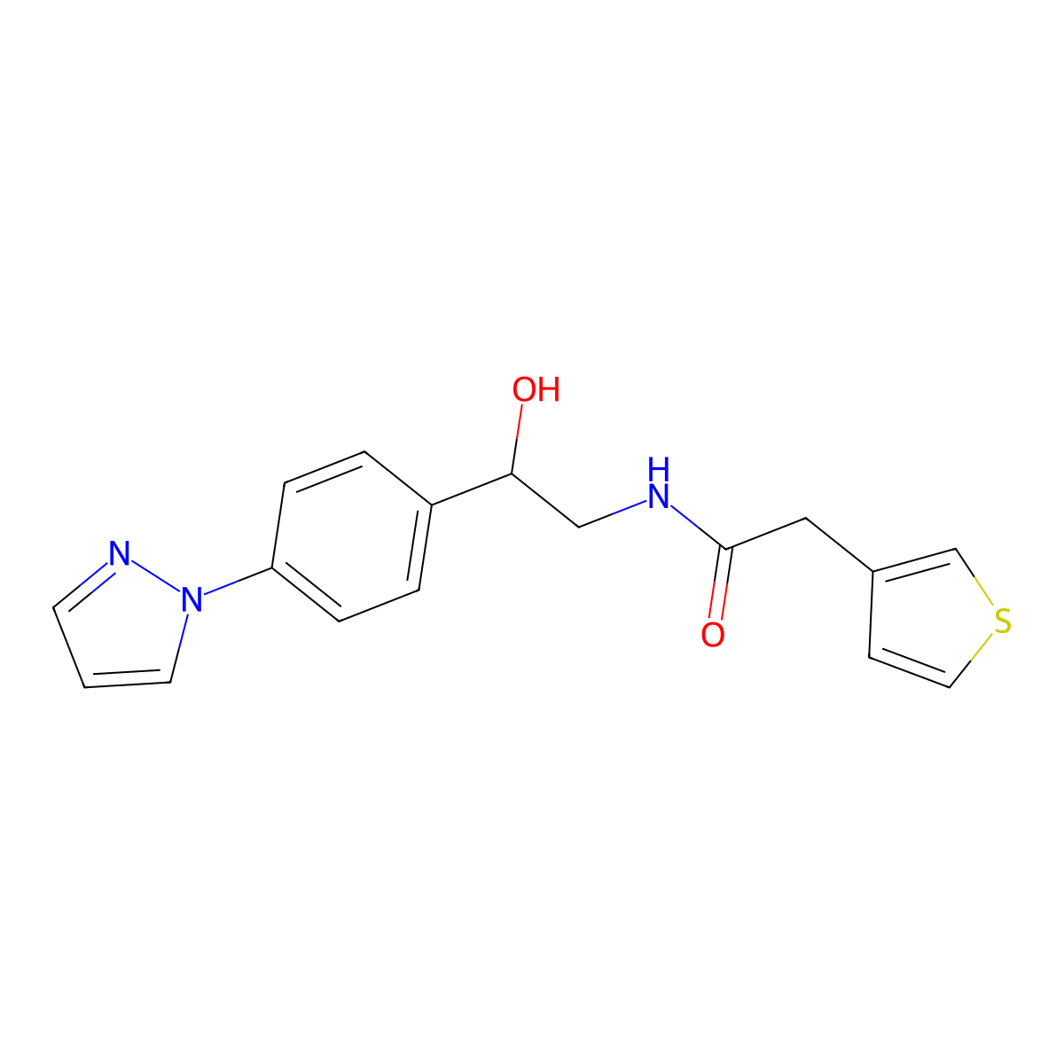N-{2-hydroxy-2-[4-(1H-pyrazol-1-yl)phenyl]ethyl}-2-(thiophen-3-yl)acetamide molecular structure, CAS 2415464-94-5