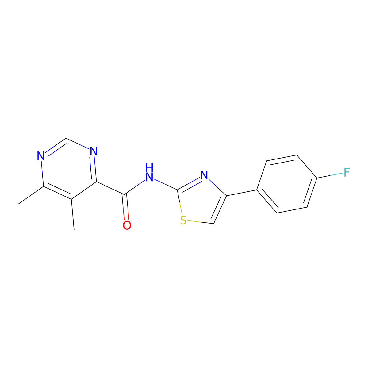 N-[4-(4-Fluorophenyl)-1,3-thiazol-2-yl]-5,6-dimethylpyrimidine-4-carboxamide molecular structure, CAS 2415465-11-9