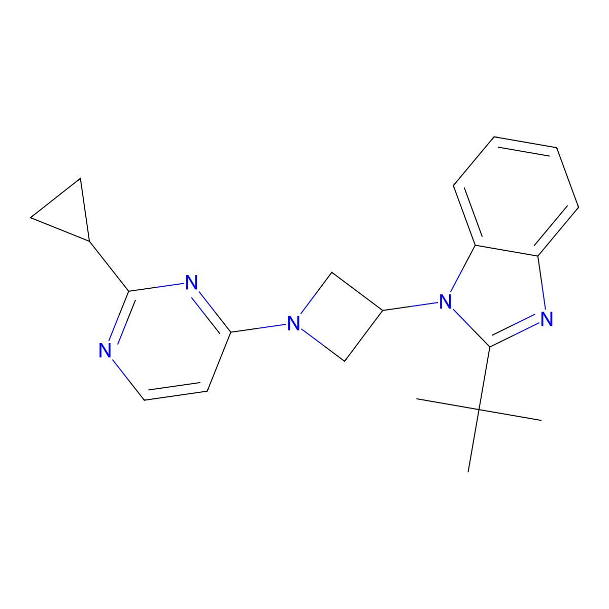 2-tert-butyl-1-[1-(2-cyclopropylpyrimidin-4-yl)azetidin-3-yl]-1H-1,3-benzodiazole molecular structure, CAS 2415465-23-3