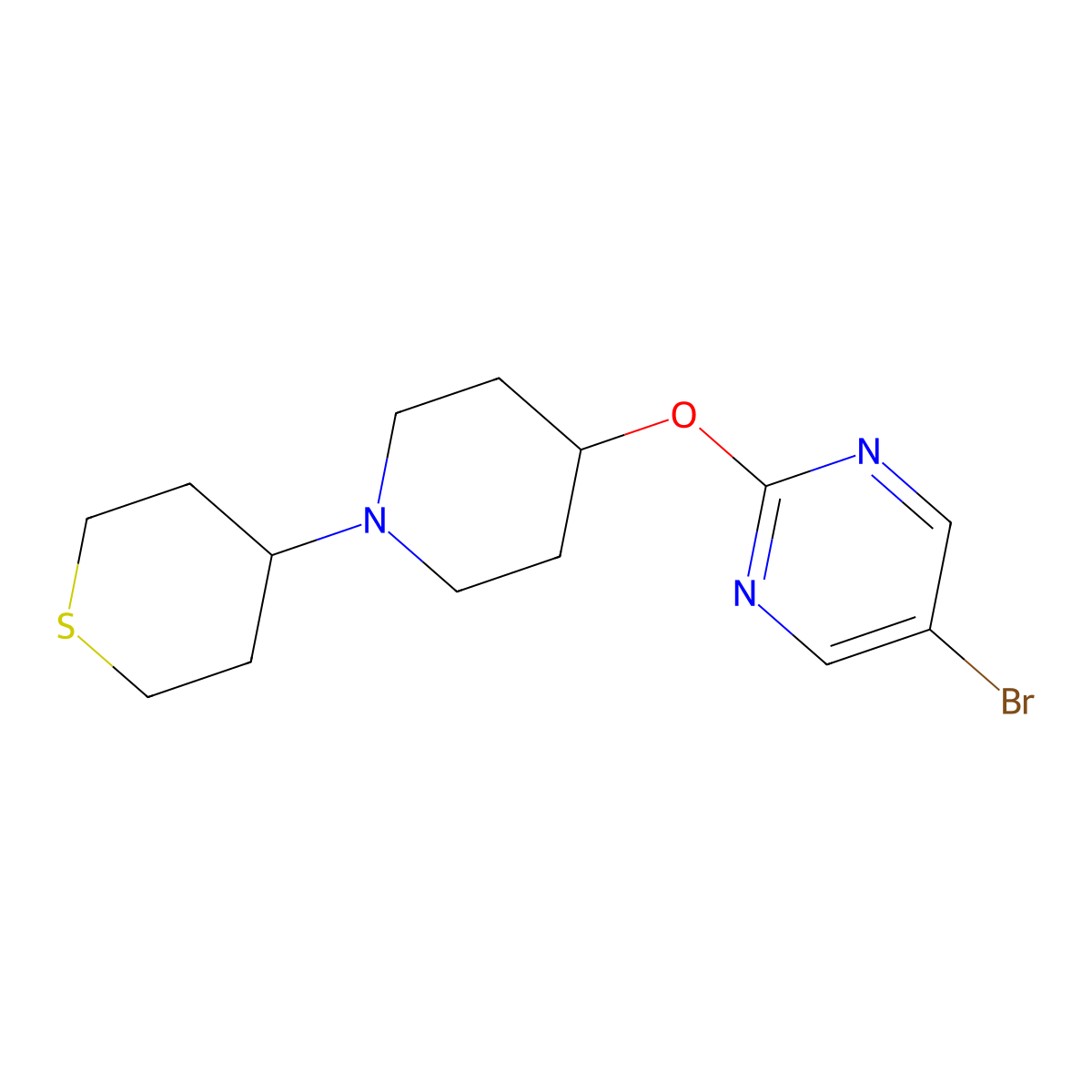 5-Bromo-2-{[1-(thian-4-yl)piperidin-4-yl]oxy}pyrimidine molecular structure, CAS 2415465-40-4