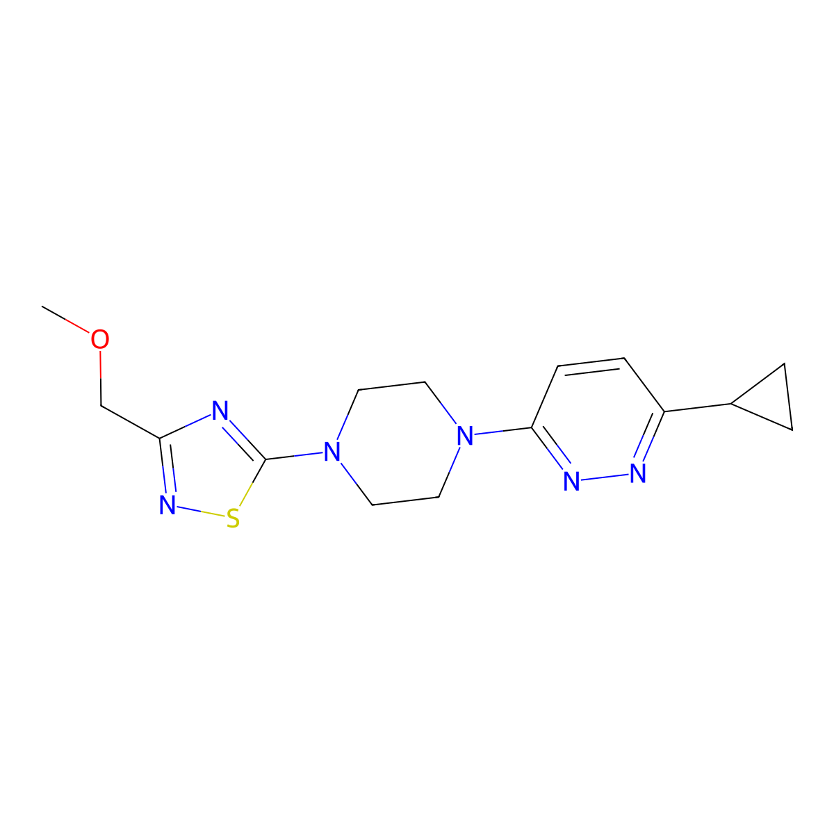 3-Cyclopropyl-6-{4-[3-(methoxymethyl)-1,2,4-thiadiazol-5-yl]piperazin-1-yl}pyridazine molecular structure, CAS 2415465-44-8