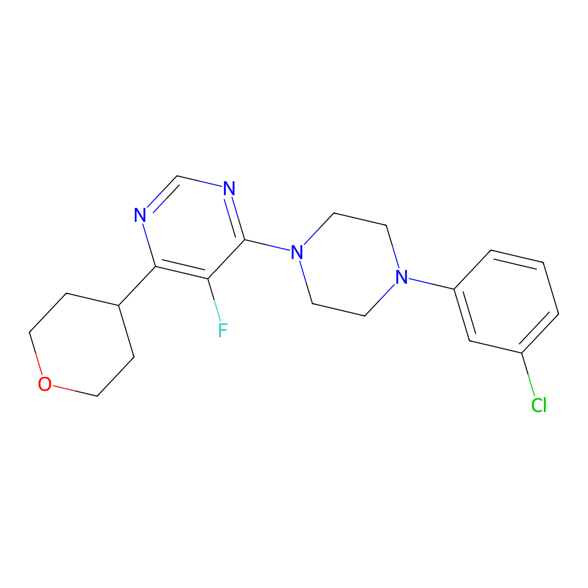 4-[4-(3-Chlorophenyl)piperazin-1-yl]-5-fluoro-6-(oxan-4-yl)pyrimidine molecular structure, CAS 2415465-51-7