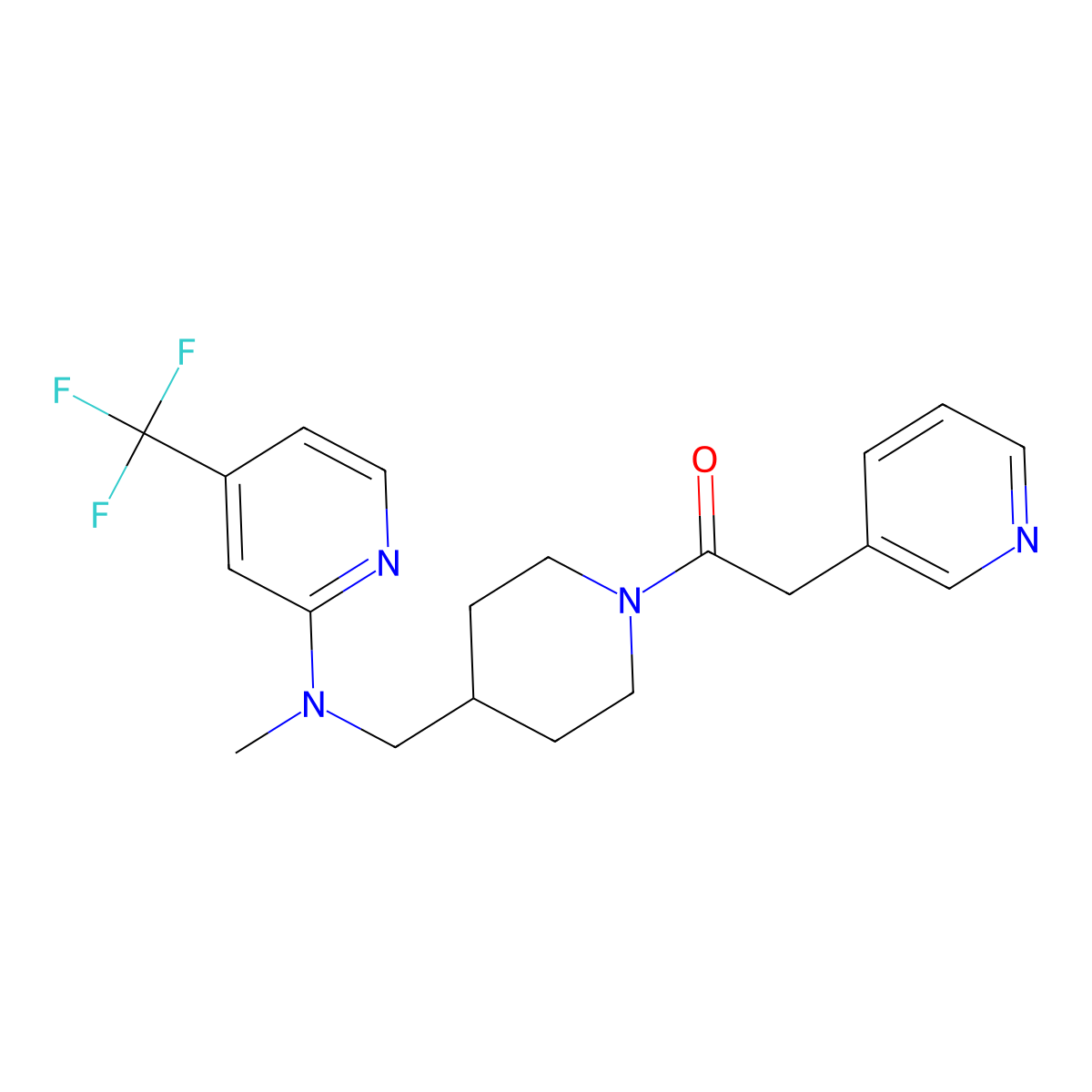 1-[4-({Methyl[4-(trifluoromethyl)pyridin-2-yl]amino}methyl)piperidin-1-yl]-2-(pyridin-3-yl)ethan-1-one molecular structure, CAS 2415465-57-3
