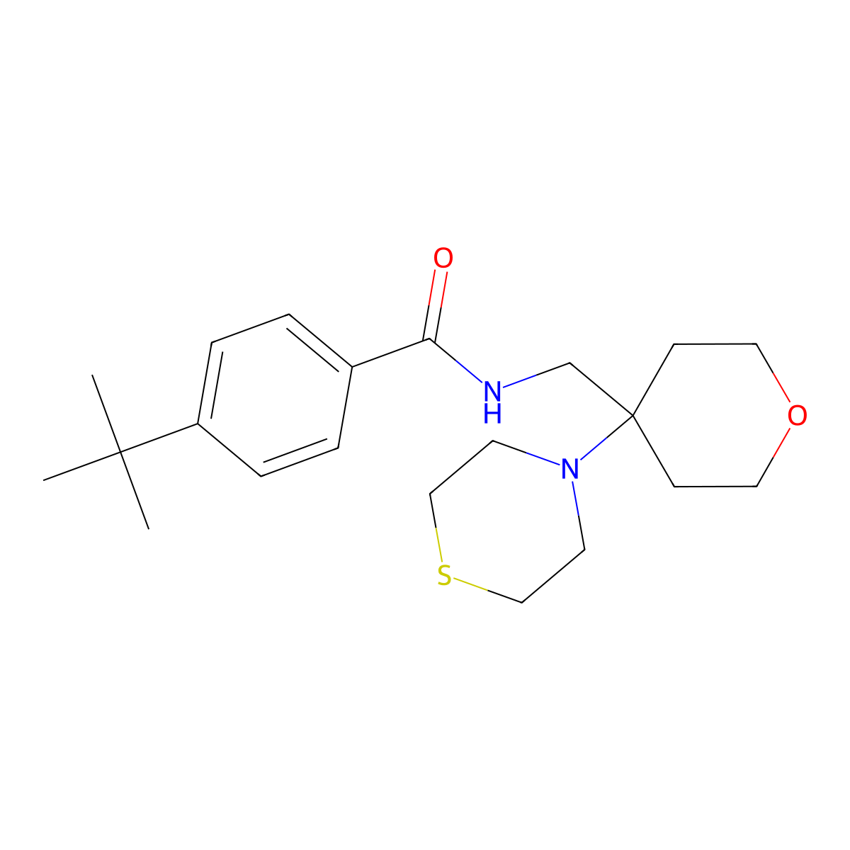 4-tert-butyl-N-{[4-(thiomorpholin-4-yl)oxan-4-yl]methyl}benzamide molecular structure, CAS 2415465-62-0