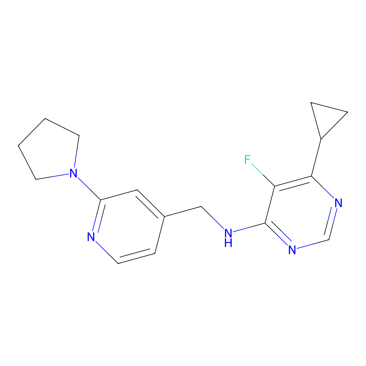 6-cyclopropyl-5-fluoro-N-{[2-(pyrrolidin-1-yl)pyridin-4-yl]methyl}pyrimidin-4-amine molecular structure, CAS 2415465-63-1