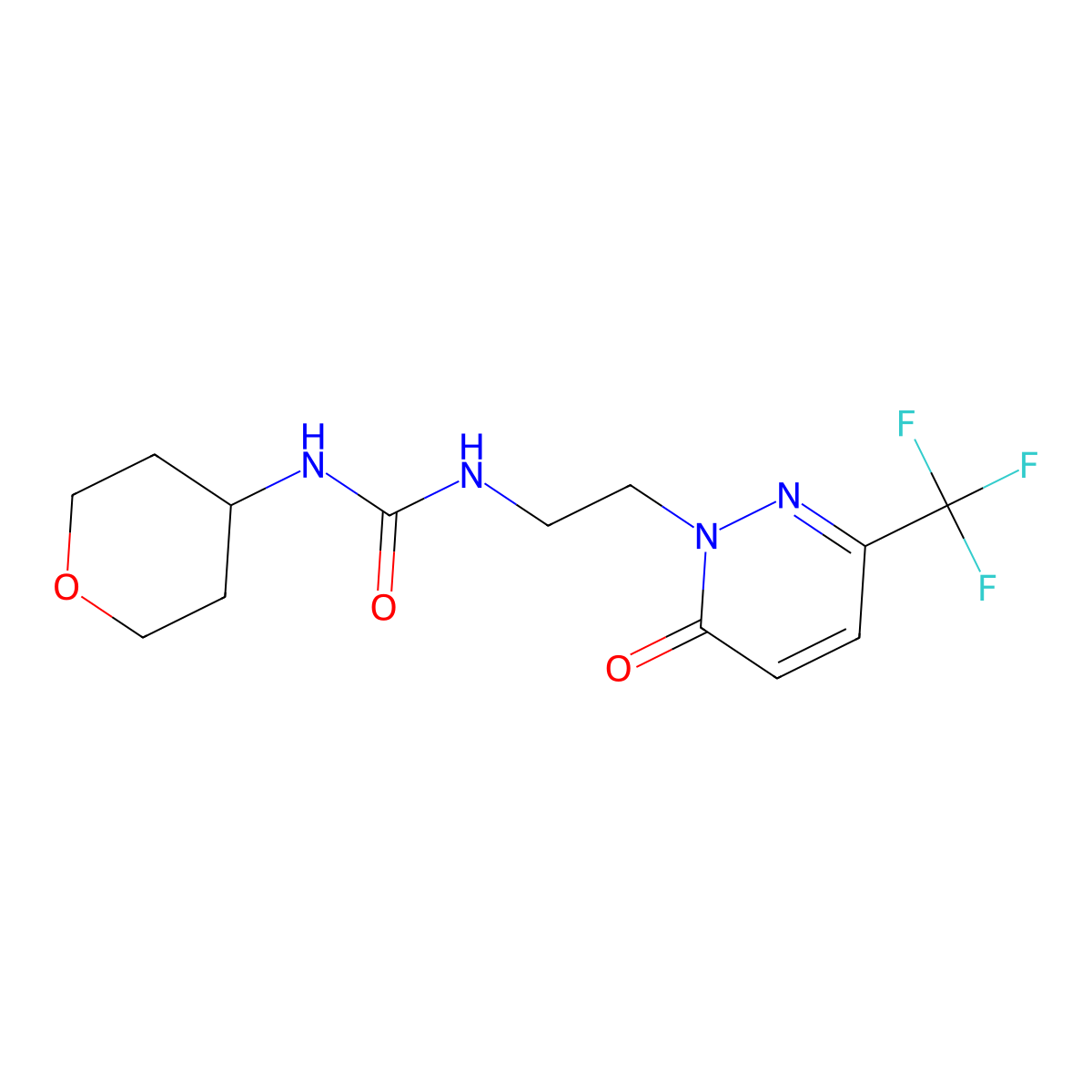 1-(Oxan-4-yl)-3-{2-[6-oxo-3-(trifluoromethyl)-1,6-dihydropyridazin-1-yl]ethyl}urea molecular structure, CAS 2415465-79-9