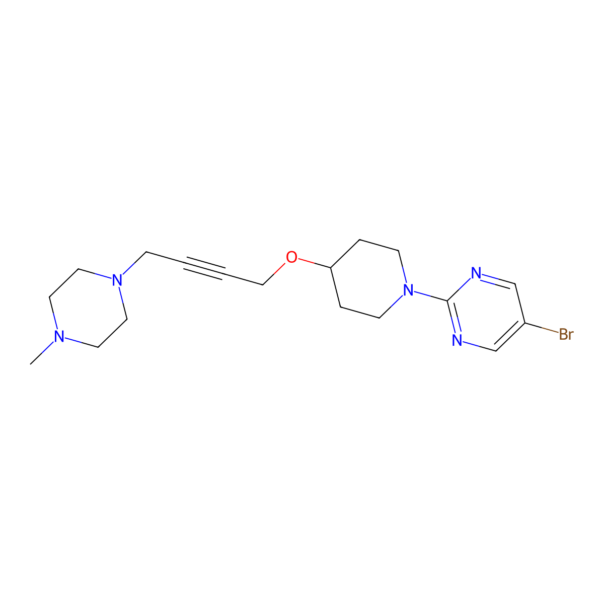 5-Bromo-2-(4-{[4-(4-methylpiperazin-1-yl)but-2-yn-1-yl]oxy}piperidin-1-yl)pyrimidine molecular structure, CAS 2415465-85-7