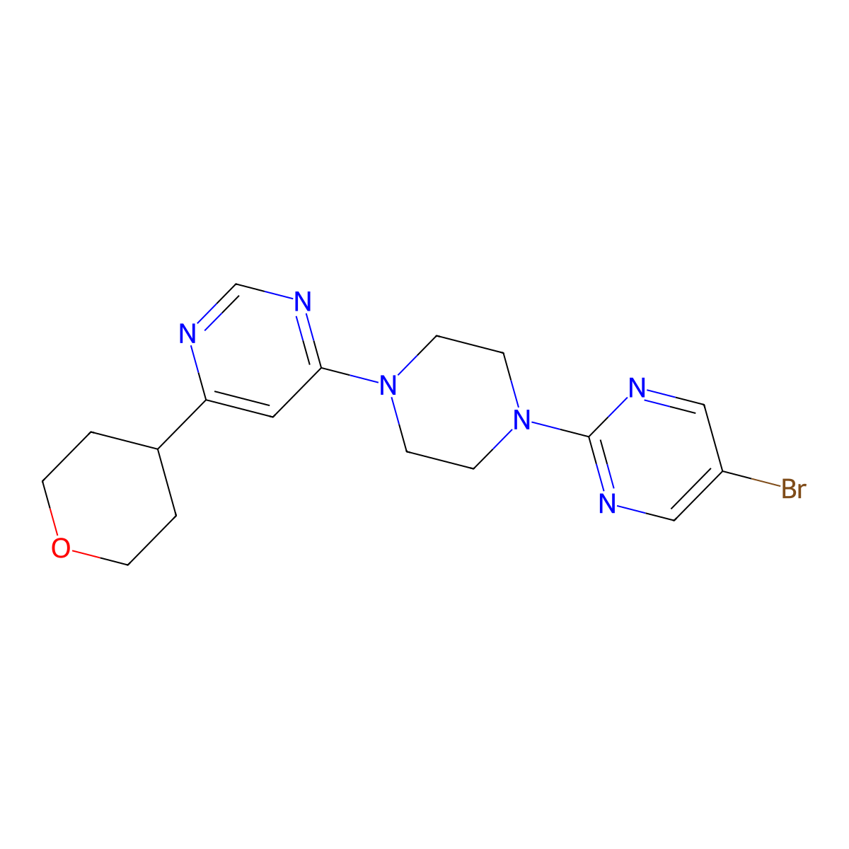 4-[4-(5-Bromopyrimidin-2-yl)piperazin-1-yl]-6-(oxan-4-yl)pyrimidine molecular structure, CAS 2415465-87-9