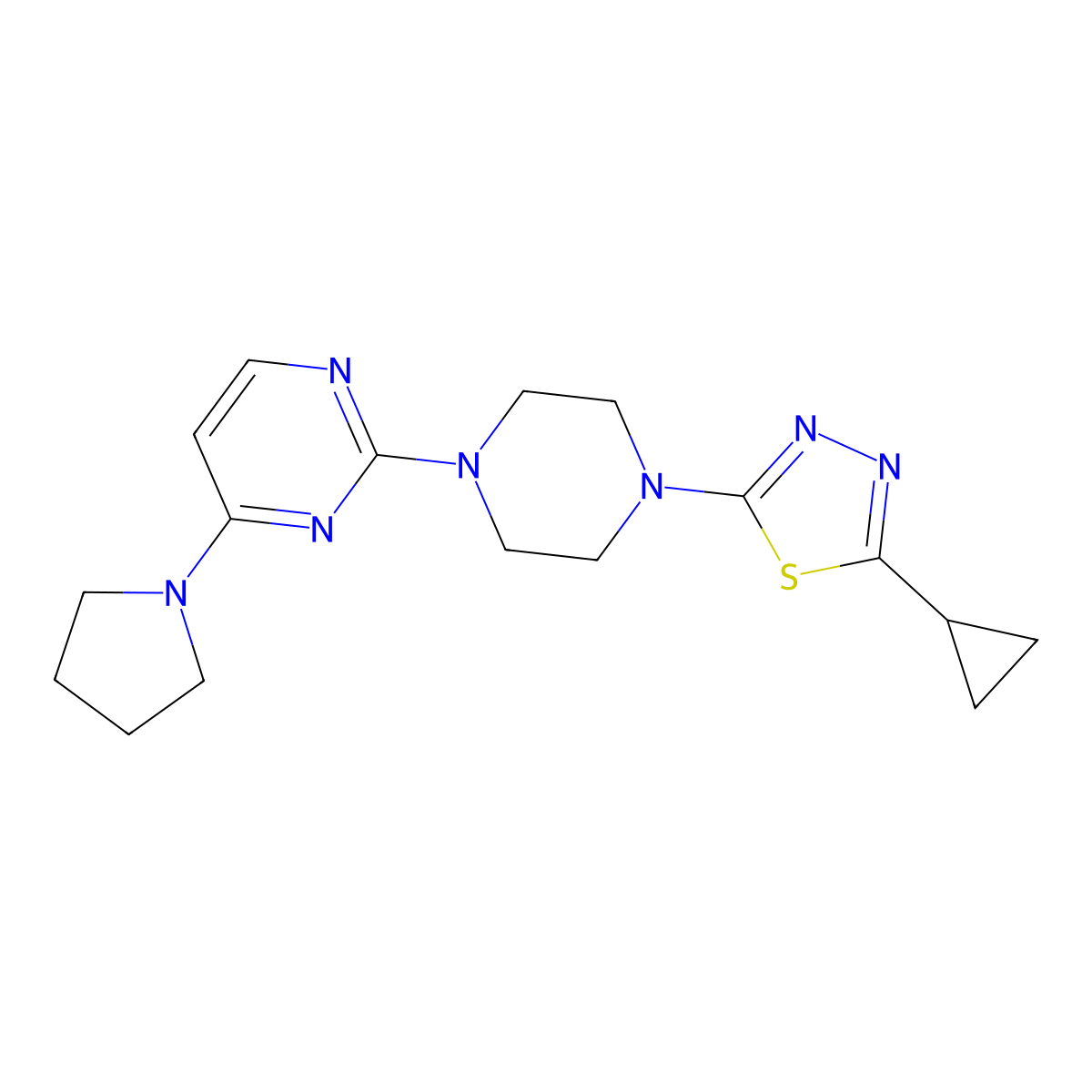 2-[4-(5-Cyclopropyl-1,3,4-thiadiazol-2-yl)piperazin-1-yl]-4-(pyrrolidin-1-yl)pyrimidine molecular structure, CAS 2415465-98-2