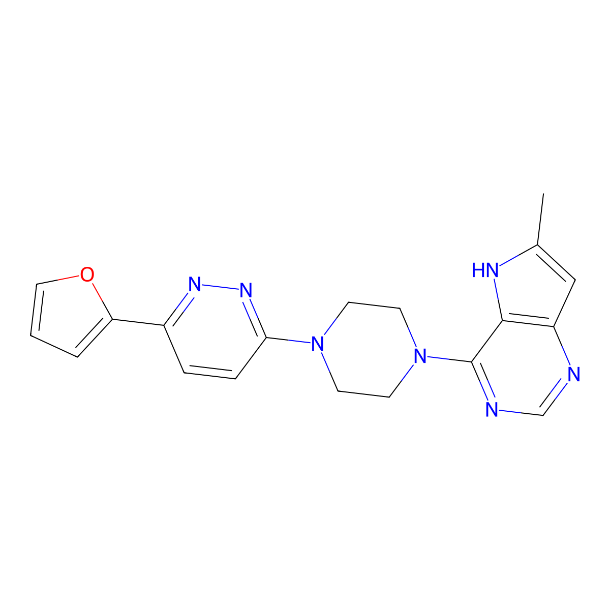 3-(furan-2-yl)-6-(4-{6-methyl-5H-pyrrolo[3,2-d]pyrimidin-4-yl}piperazin-1-yl)pyridazine molecular structure, CAS 2415466-03-2