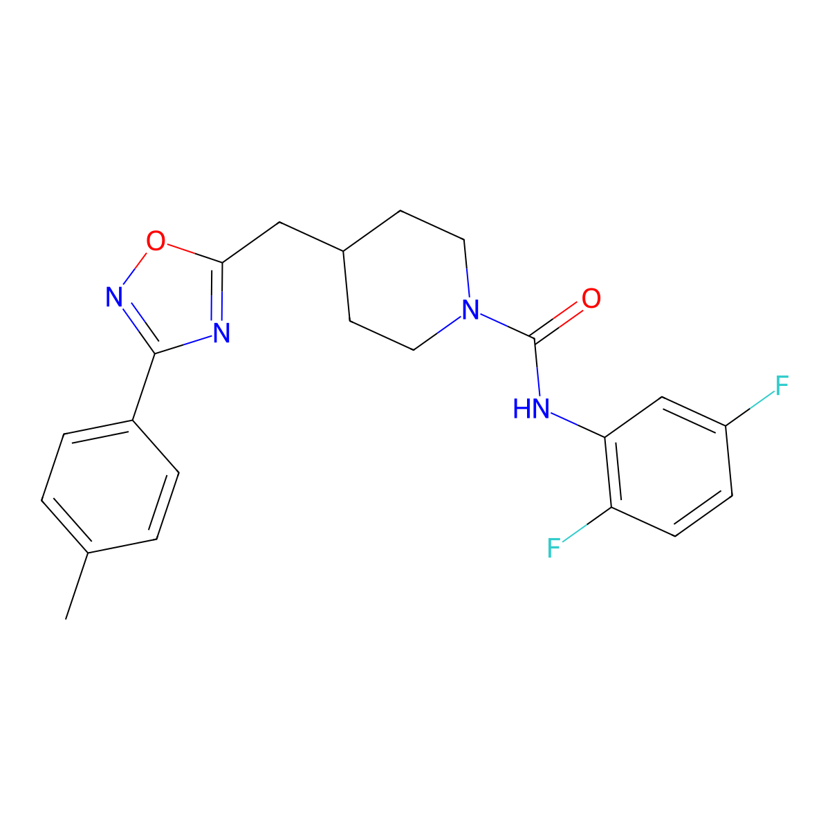 N-(2,5-difluorophenyl)-4-{[3-(4-methylphenyl)-1,2,4-oxadiazol-5-yl]methyl}piperidine-1-carboxamide molecular structure, CAS 2415466-04-3