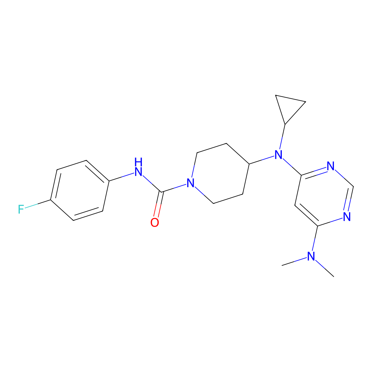 4-{cyclopropyl[6-(dimethylamino)pyrimidin-4-yl]amino}-N-(4-fluorophenyl)piperidine-1-carboxamide molecular structure, CAS 2415466-12-3