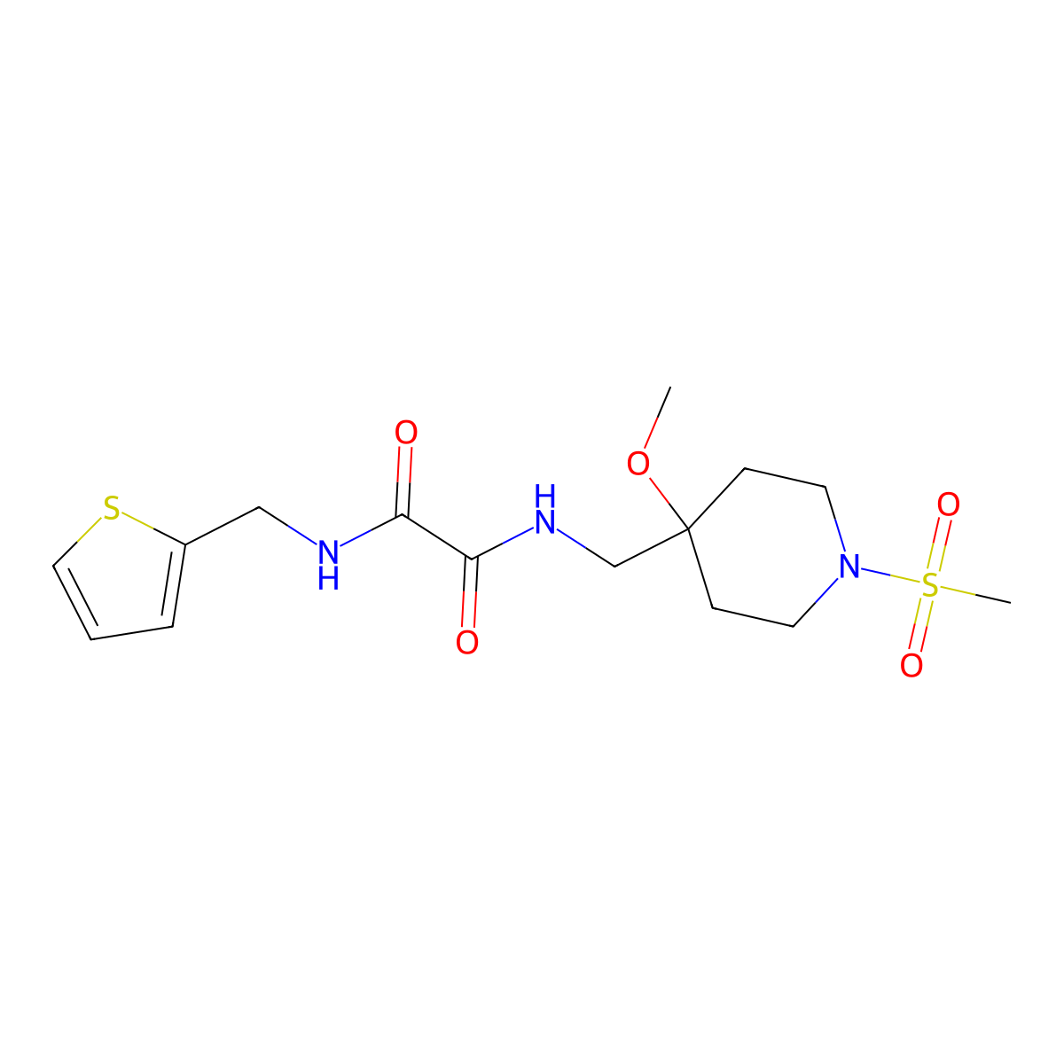 N'-[(1-methanesulfonyl-4-methoxypiperidin-4-yl)methyl]-N-[(thiophen-2-yl)methyl]ethanediamide molecular structure, CAS 2415466-14-5
