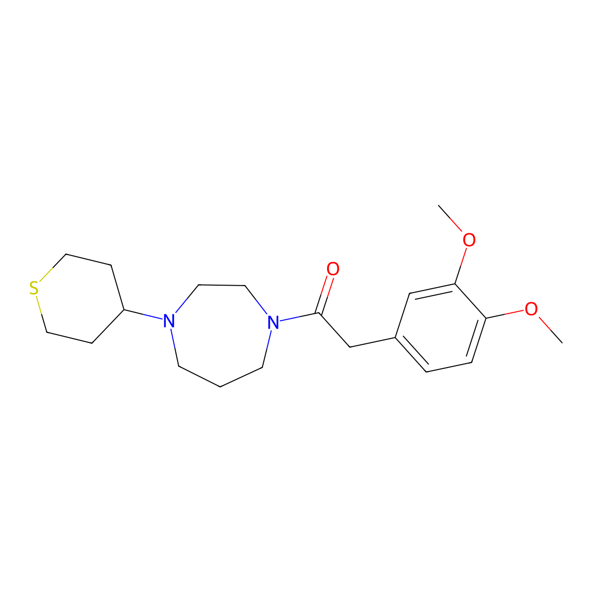 2-(3,4-Dimethoxyphenyl)-1-[4-(thian-4-yl)-1,4-diazepan-1-yl]ethan-1-one molecular structure, CAS 2415466-25-8