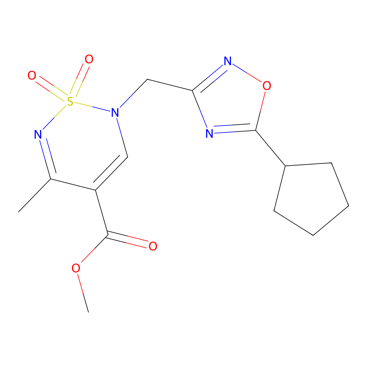 methyl 2-[(5-cyclopentyl-1,2,4-oxadiazol-3-yl)methyl]-5-methyl-1,1-dioxo-2H-1lambda6,2,6-thiadiazine-4-carboxylate molecular structure, CAS 2415466-31-6