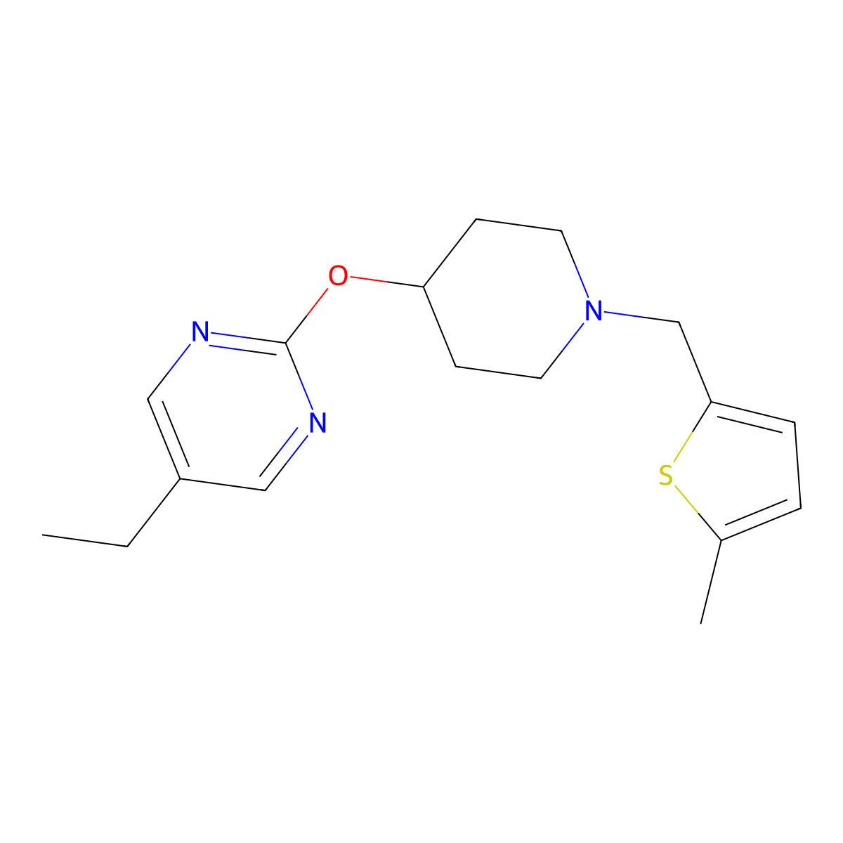5-Ethyl-2-({1-[(5-methylthiophen-2-yl)methyl]piperidin-4-yl}oxy)pyrimidine molecular structure, CAS 2415466-37-2