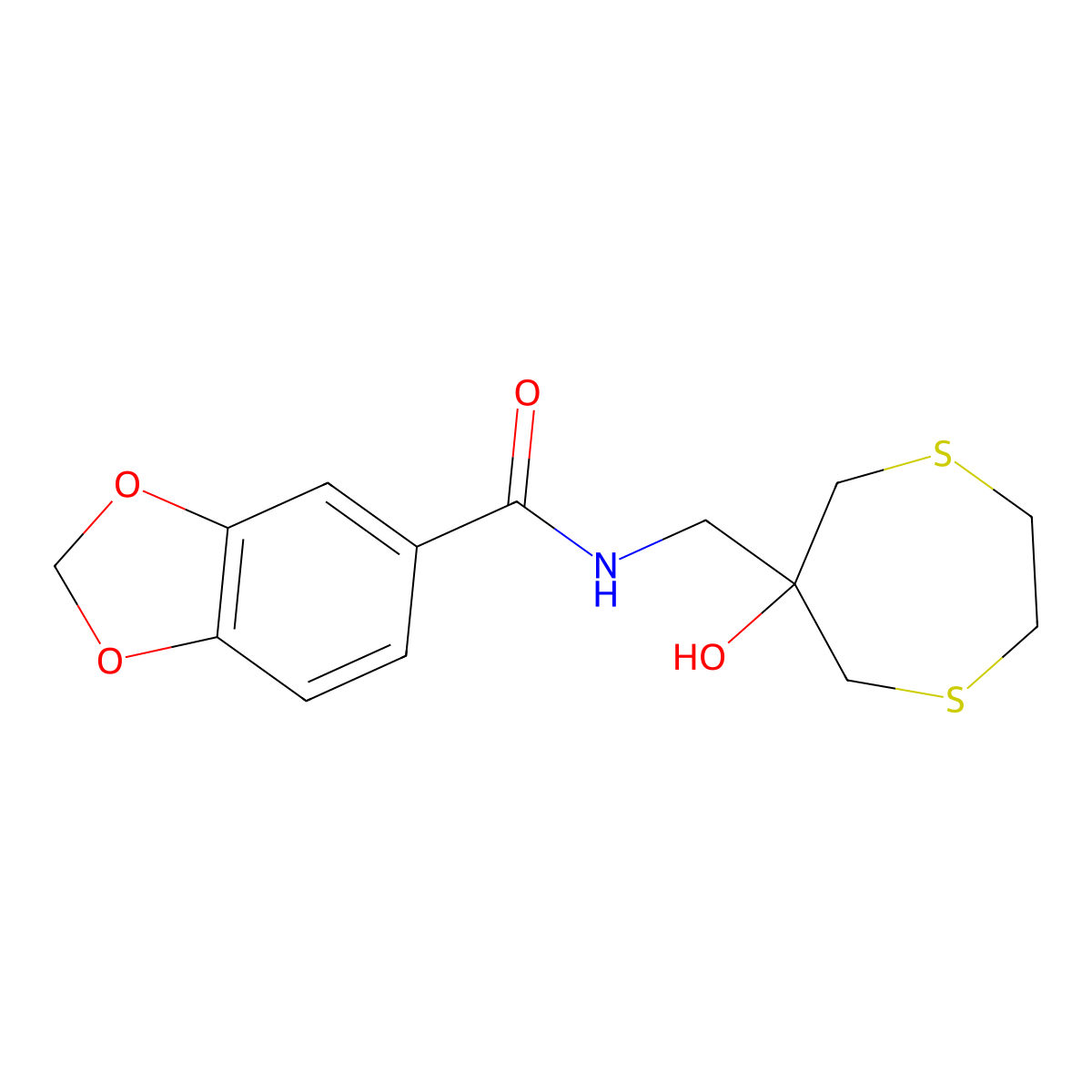 N-[(6-hydroxy-1,4-dithiepan-6-yl)methyl]-2H-1,3-benzodioxole-5-carboxamide molecular structure, CAS 2415466-46-3