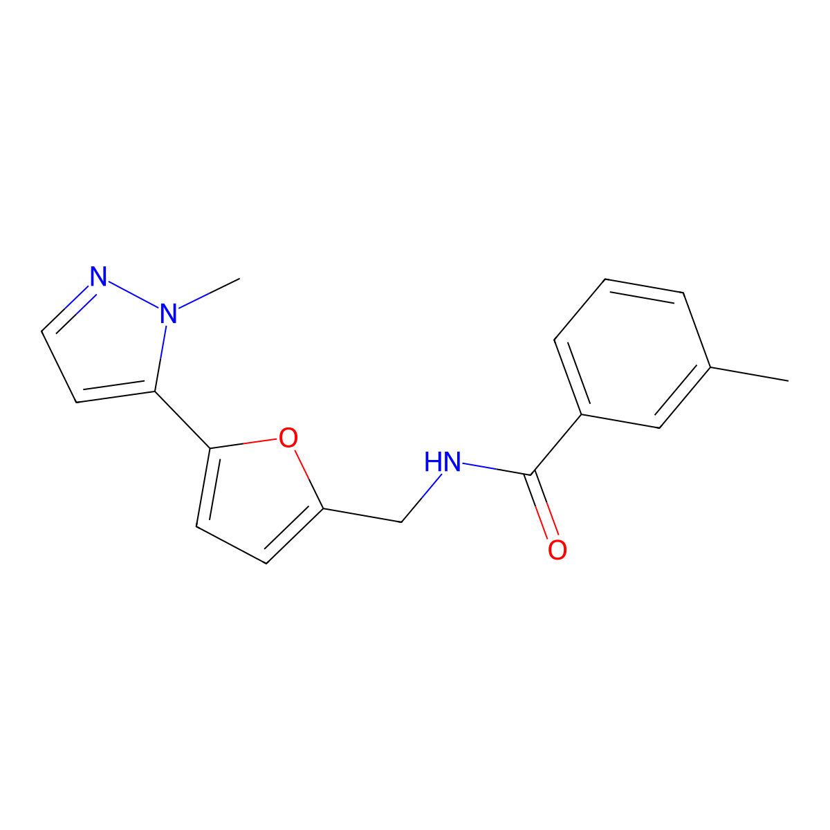 3-methyl-N-{[5-(1-methyl-1H-pyrazol-5-yl)furan-2-yl]methyl}benzamide molecular structure, CAS 2415466-51-0